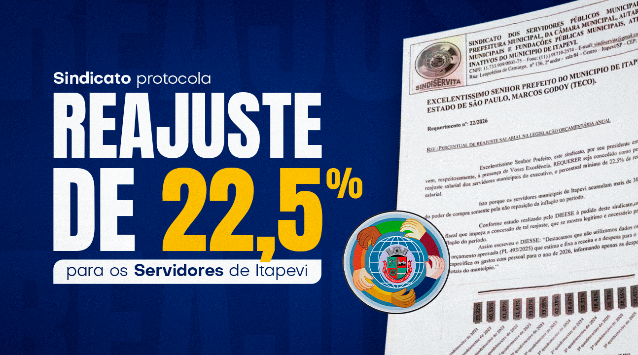 Sindicato protocola pedido de reajuste de 22,5% e benefícios para os Servidores de Itapevi